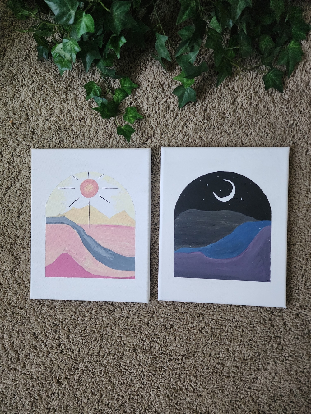 Hand-Painted Sunrise and Moonlight Arch Canvas Pair - Pink & Black